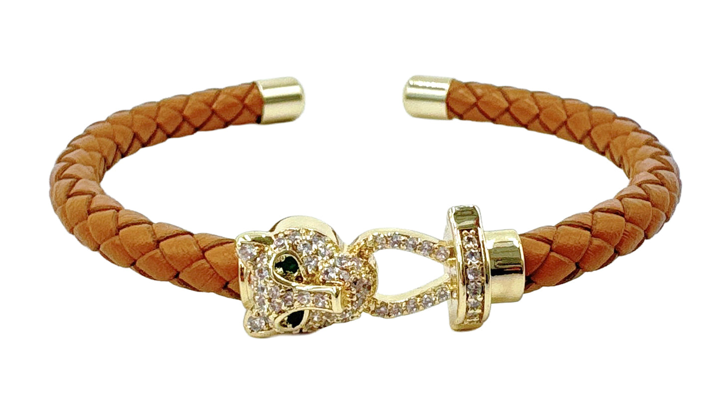 14K Gold Dipped Panther Clasp Leather Cuff