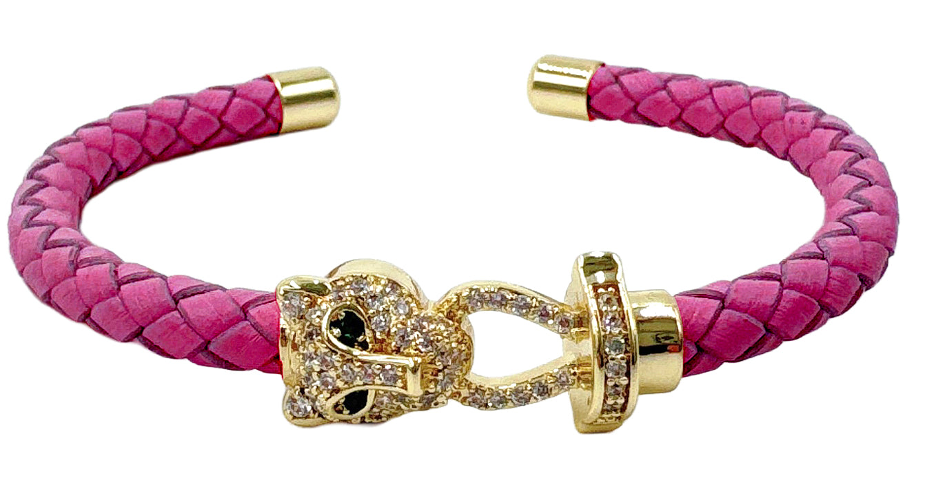 14K Gold Dipped Panther Clasp Leather Cuff