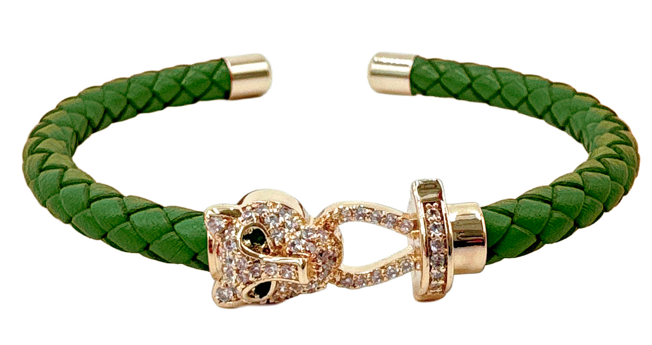 14K Gold Dipped Panther Clasp Leather Cuff