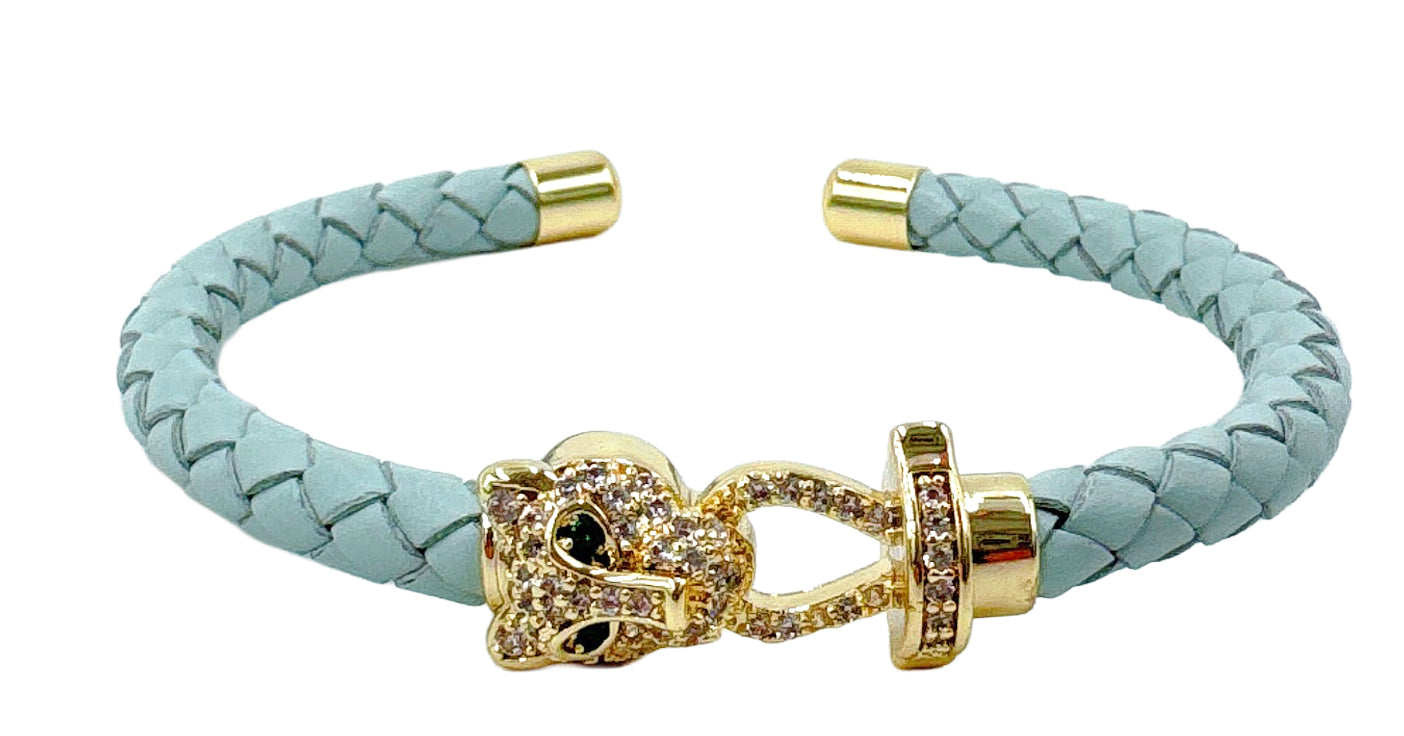 14K Gold Dipped Panther Clasp Leather Cuff