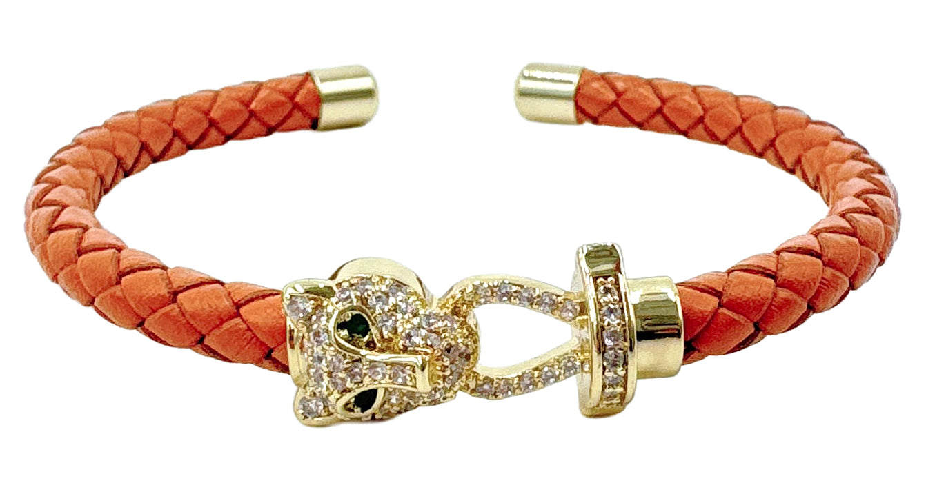 14K Gold Dipped Panther Clasp Leather Cuff