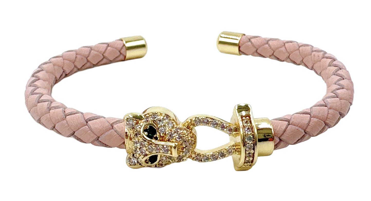 14K Gold Dipped Panther Clasp Leather Cuff