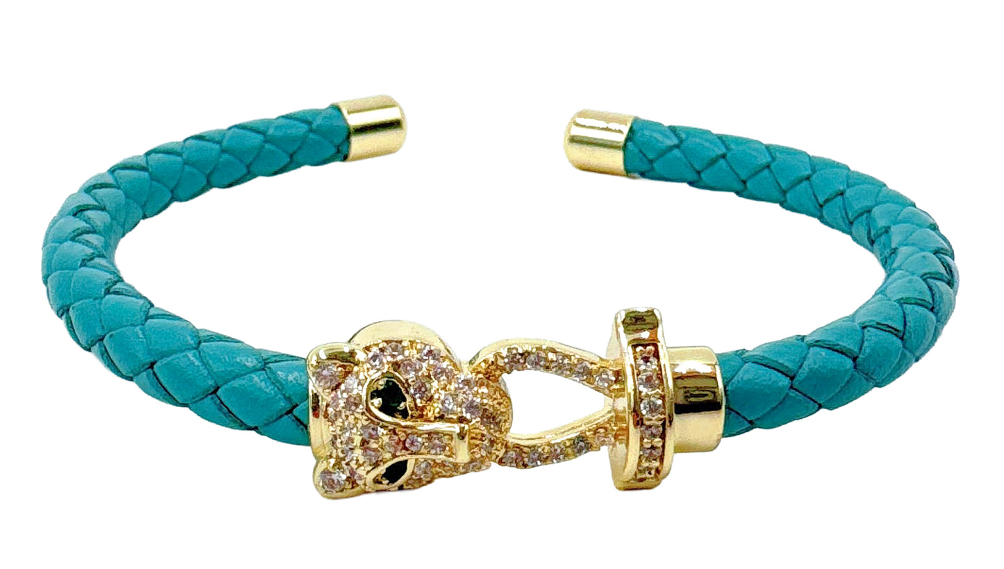 14K Gold Dipped Panther Clasp Leather Cuff