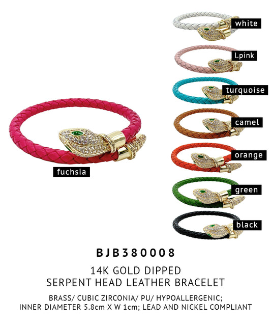 14K Gold Dipped Serpent Head Leather Bracelet