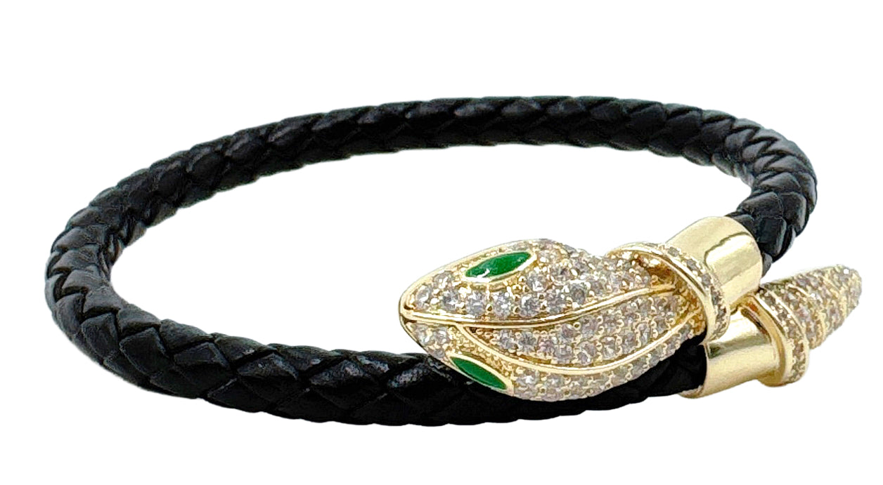 14K Gold Dipped Serpent Head Leather Bracelet
