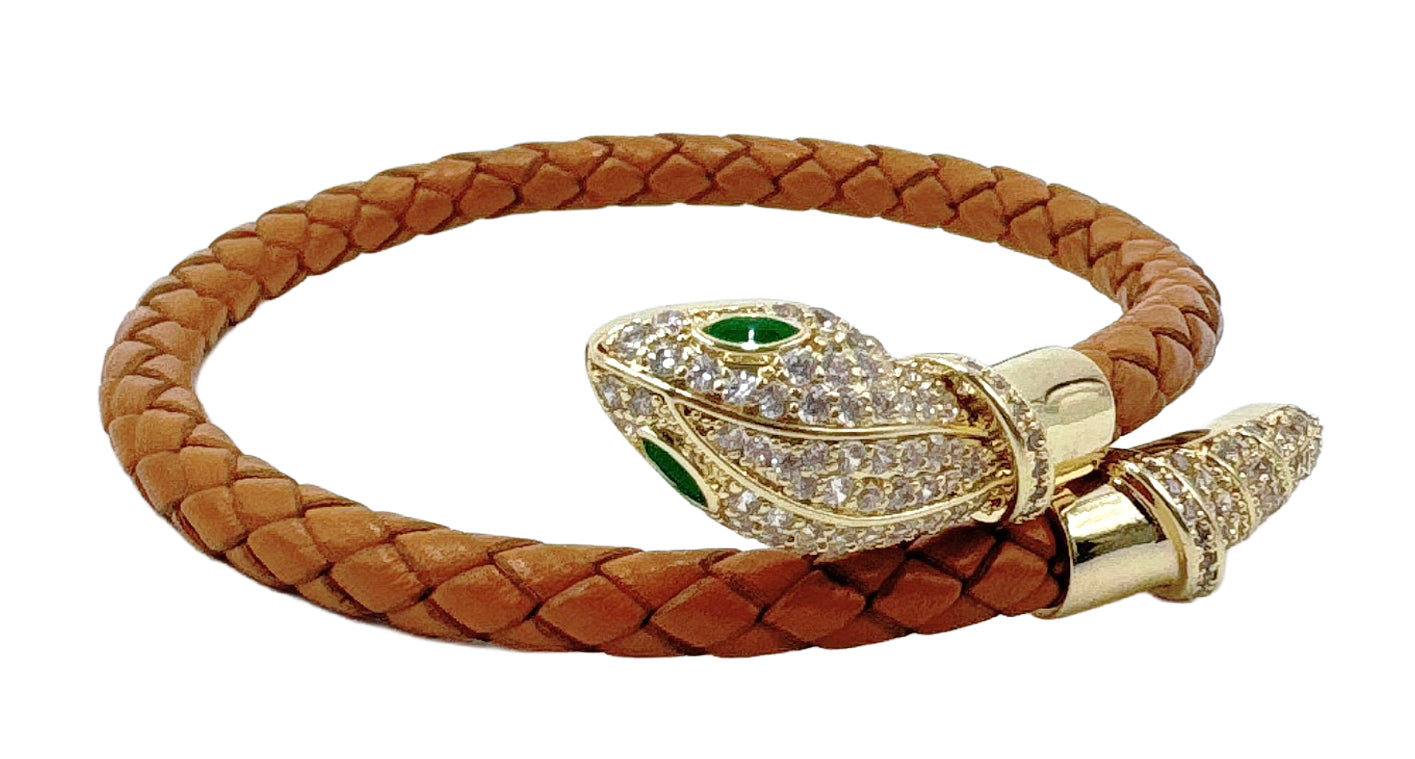 14K Gold Dipped Serpent Head Leather Bracelet