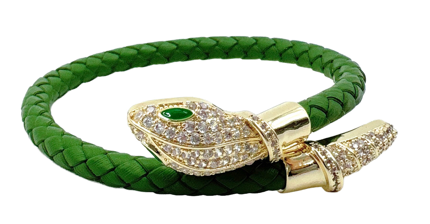 14K Gold Dipped Serpent Head Leather Bracelet