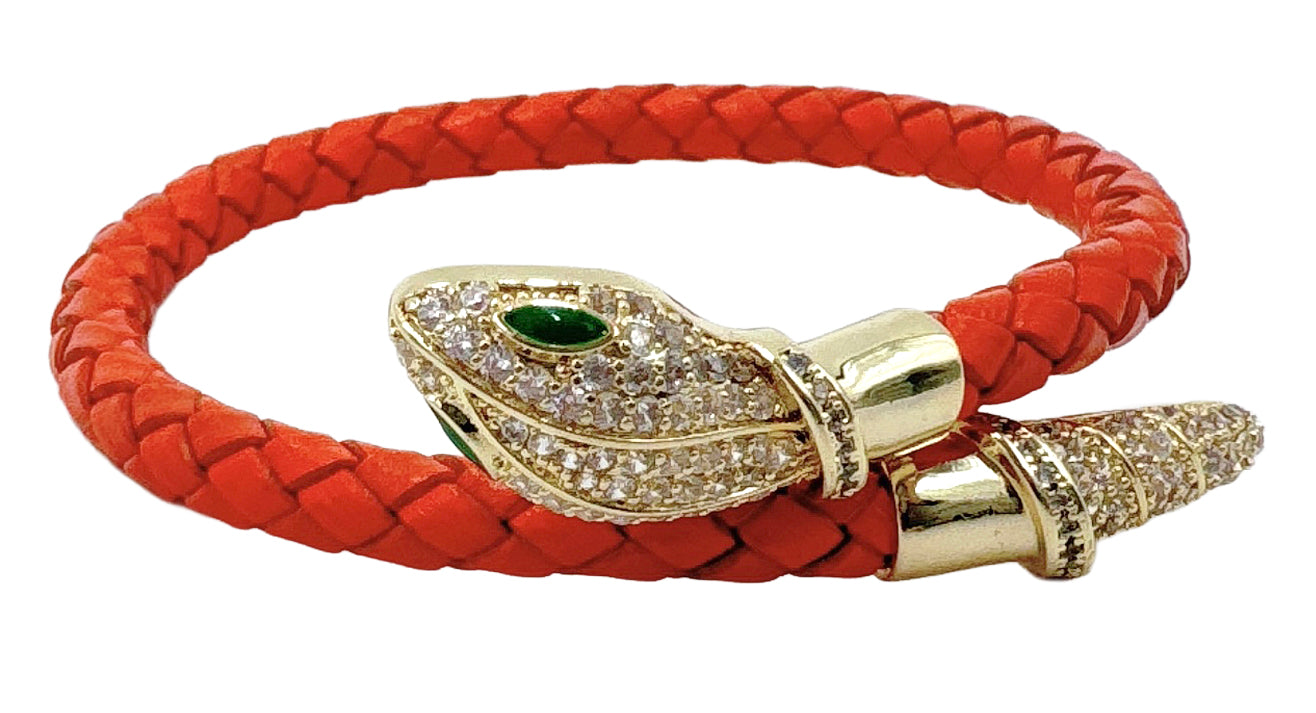 14K Gold Dipped Serpent Head Leather Bracelet