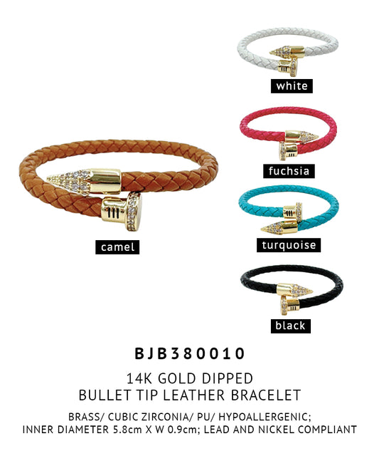 14K Gold Dipped Bullet Tip Leather Bracelet