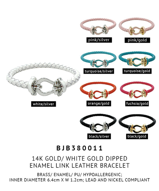 14K Gold/White Gold Dipped Enamel Link Leather Bracelet