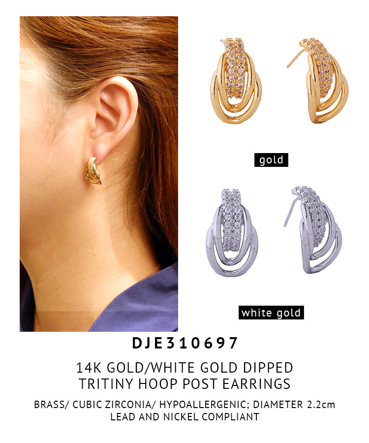 14K Gold Dipped Tritiny Hoop Pave CZ Earrings