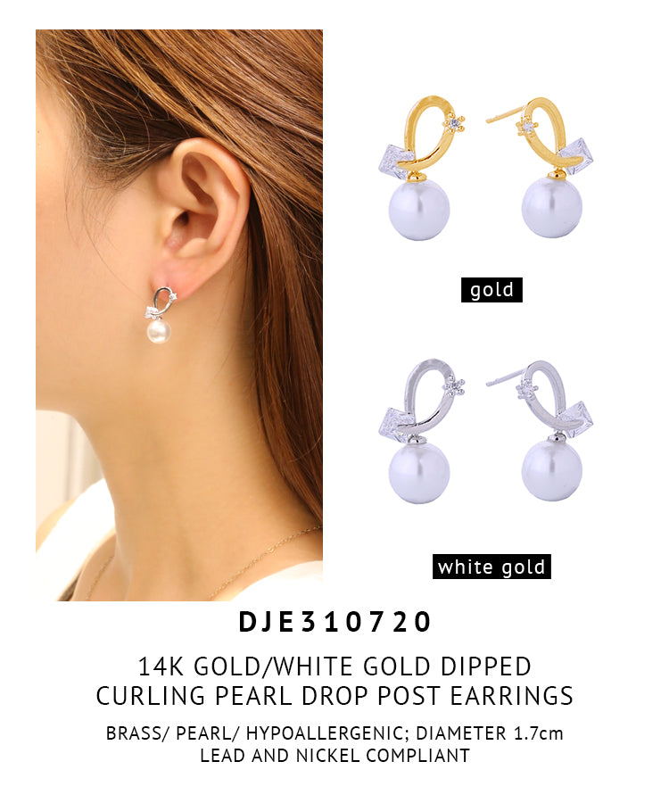 14K Gold Dipped Curling Pearl Drop Post Earrings