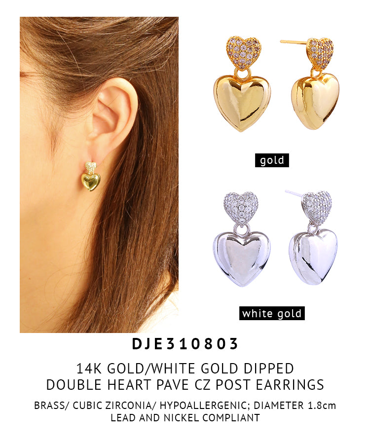 14K Gold Dipped Double Heart Pave Cz Post Earrings