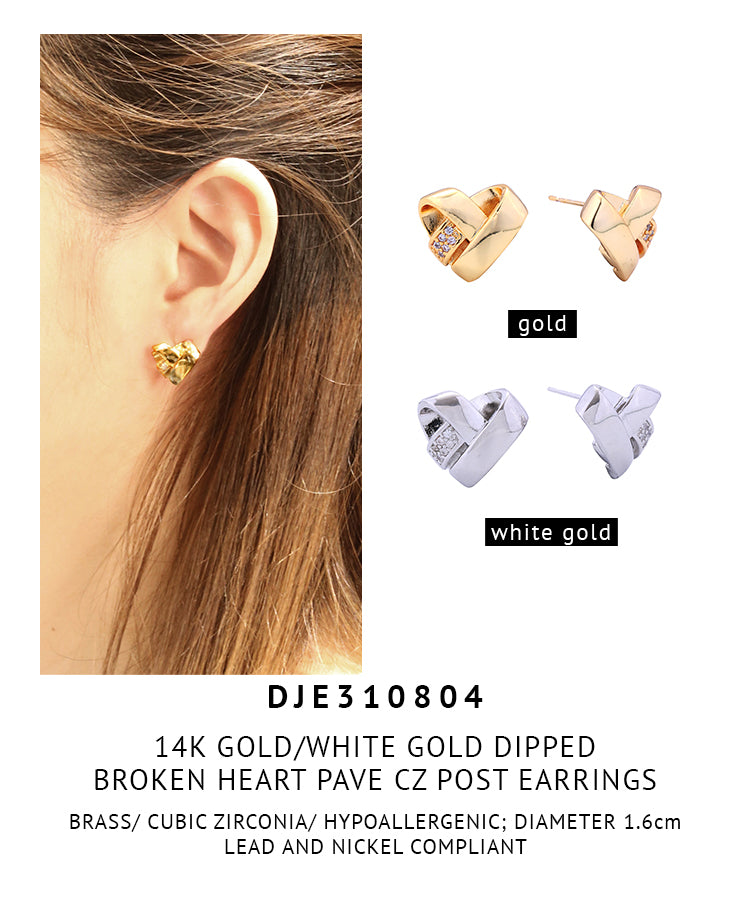 14K Gold Dipped Broken Heart Pave Cz Post Earrings