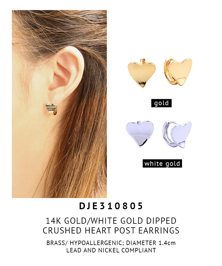 14K Gold Dipped Crushed Heart Post Earrings