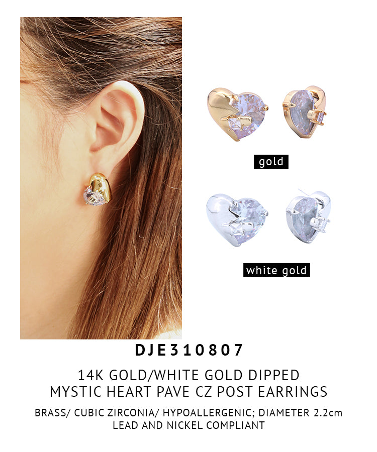 14K Gold Dipped Mystic Heart Pave Cz Post Earrings