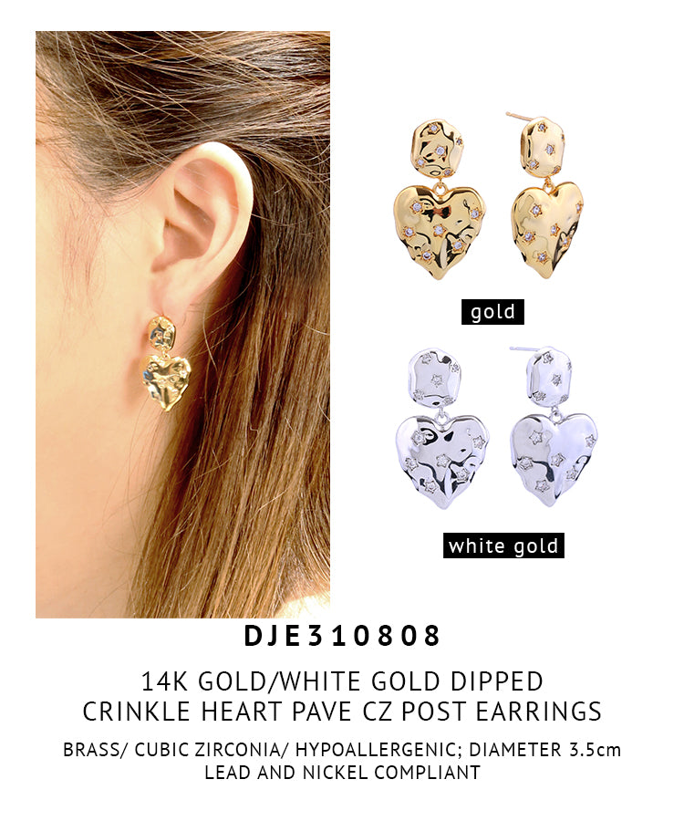 14K Gold Dipped Crinkle Heart  Pave Cz Post Earrings