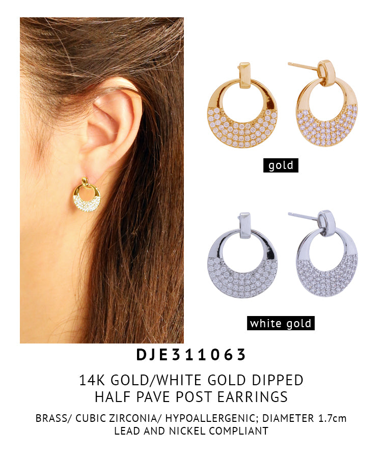 14K Gold Dipped Half Pave Post Earrings
