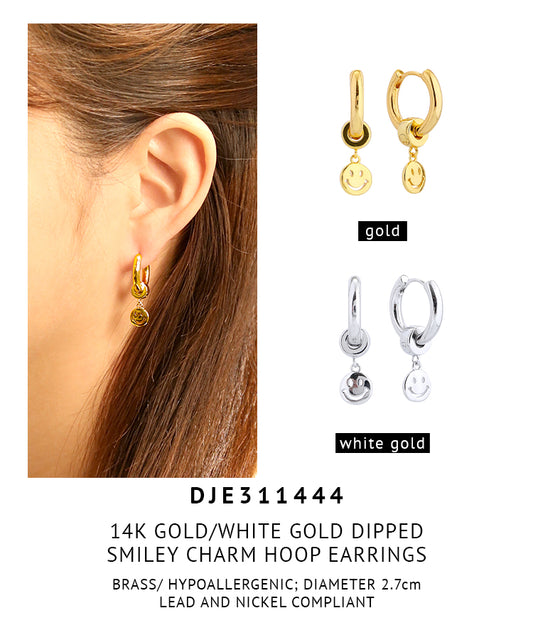 14K Gold Dipped Smiley Charm Hoop Earrings