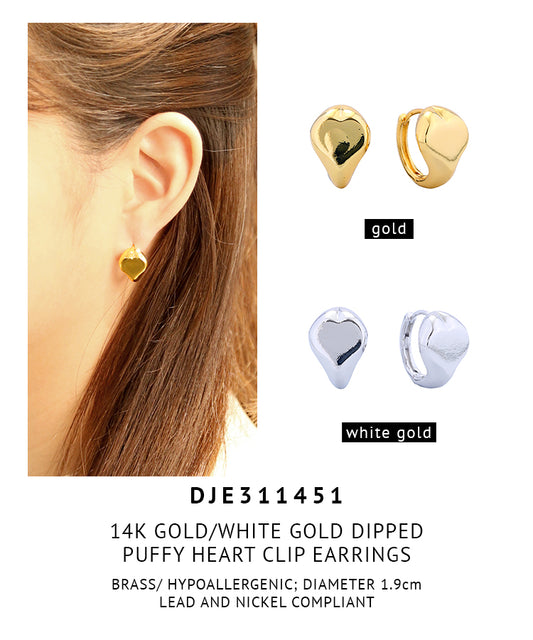 14K Gold Dipped Puffy Heart Clip Earrings