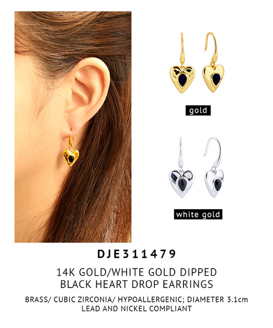 14K Gold Dipped Black Heart Drop Earrings