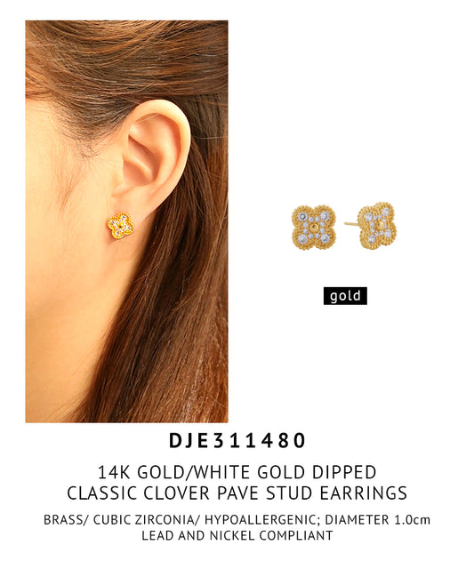 14K Gold Dipped Classic Clover Pave Stud Earrings