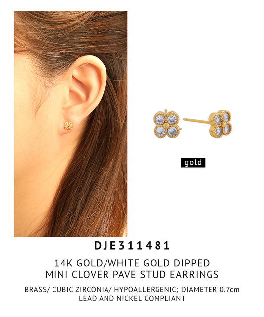 14K Gold Dipped Mini Clover Pave Stud Earrings