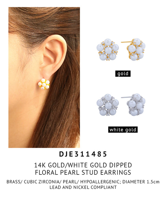14K Gold Dipped Floral Pearl Stud Earrings