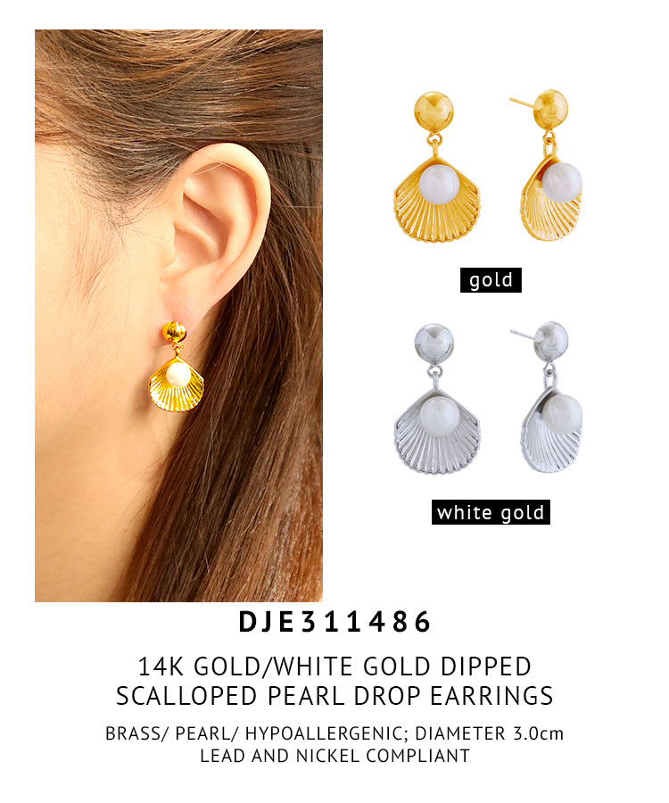 14K Gold Dipped Scalloped Pearl Drop Earrings