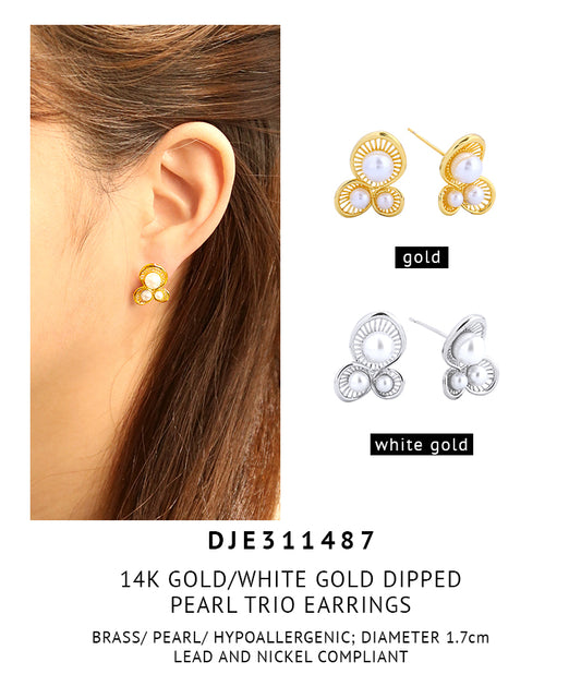 14K Gold Dipped Pearl Trio Earrings