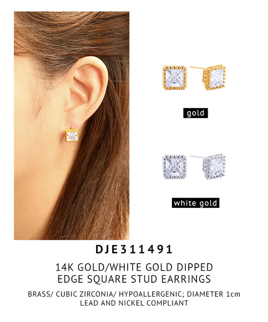 14K Gold Dipped Edge Square Stud Earrings