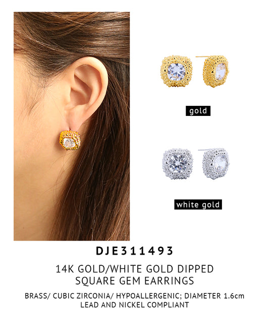 14K Gold Dipped Square Gem Earrings