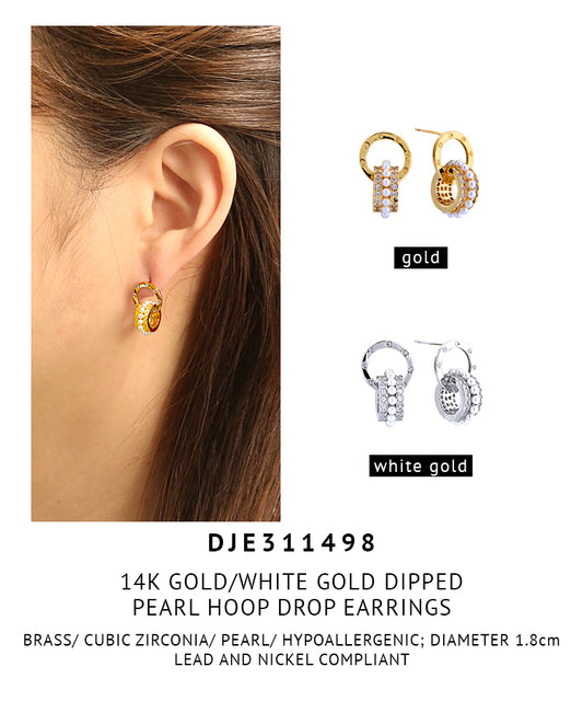 14K Gold Dipped Pearl Hoop Drop Earrings