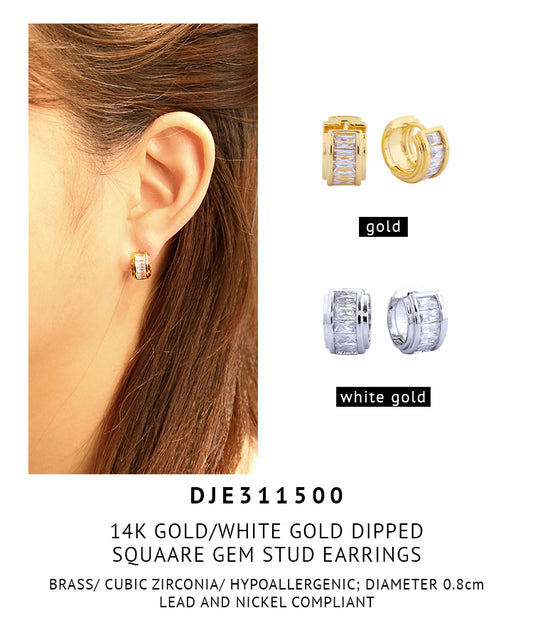 14K Gold Dipped Square Gem Stud Earrings