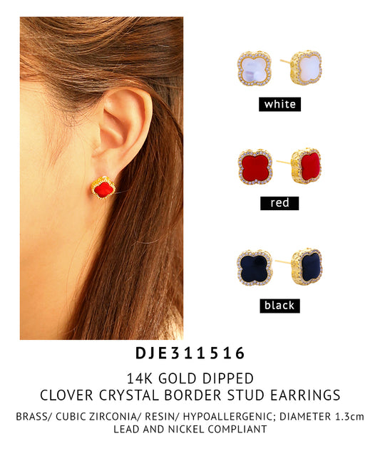 14K Gold Dipped Clover Crystal Border Stud Earrings