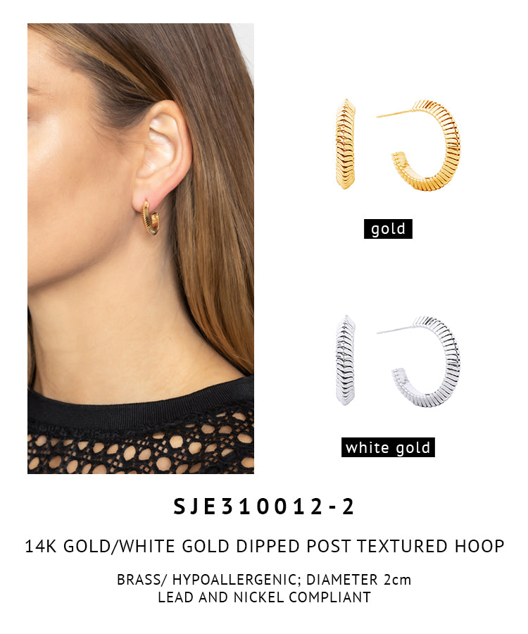 14K Gold Dipped Post Texture Hoop