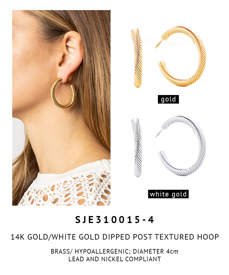 14K Gold Dipped Post Texture Hoop