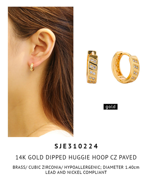 14K Gold Dipped Pave CZ Huggie Hoop Earrings