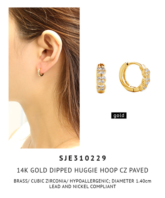 14K Gold Dipped Pave CZ Huggie Hoop Earrings