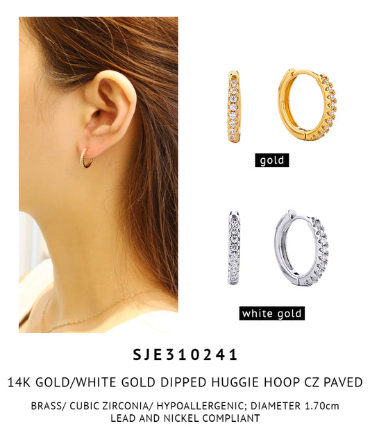 14K Gold Dipped Pave CZ Huggie Hoop Earrings