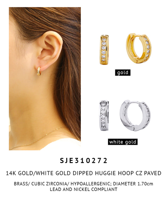 14K Gold Dipped Pave CZ Huggie Hoop Earrings