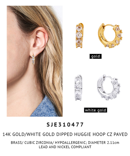 14K Gold Dipped Pave CZ Huggie Hoop Earrings