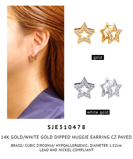 14K Gold Dipped Pave CZ Huggie Star Earrings