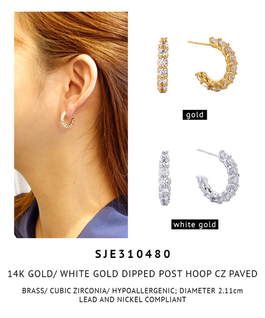 14K Gold Dipped Pave CZ Hoop Post Earrings