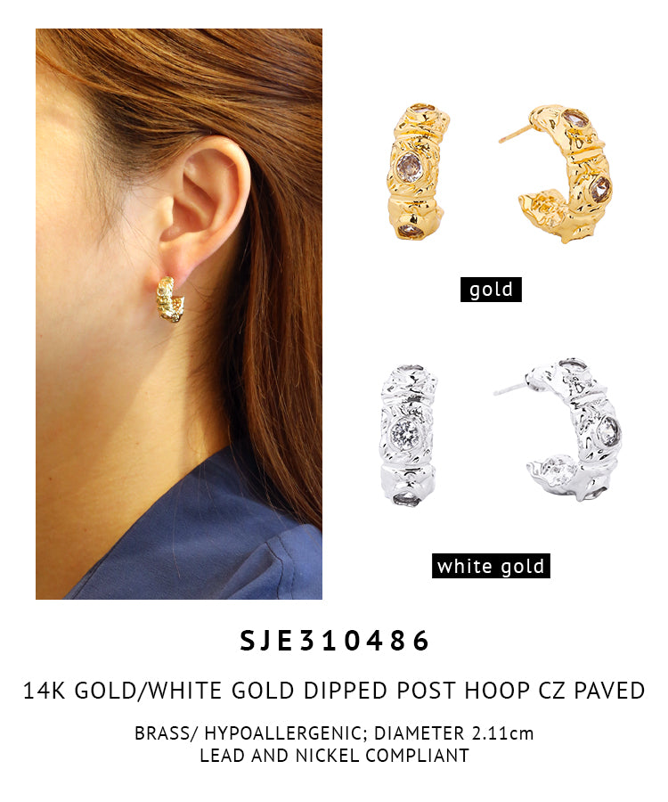 14K Gold Dipped Pave CZ Hoop Post Earrings