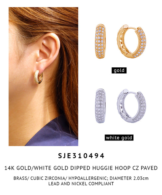 14K Gold Dipped Pave CZ Huggie Hoop Earrings