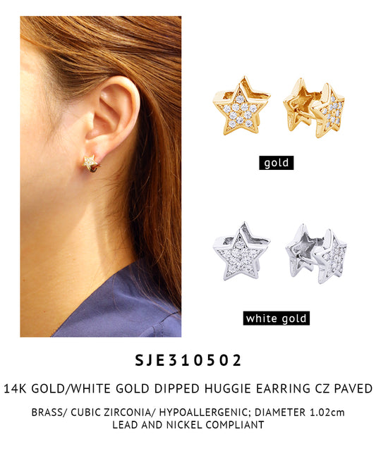 14K Gold Dipped Pave CZ Huggie Star Earrings