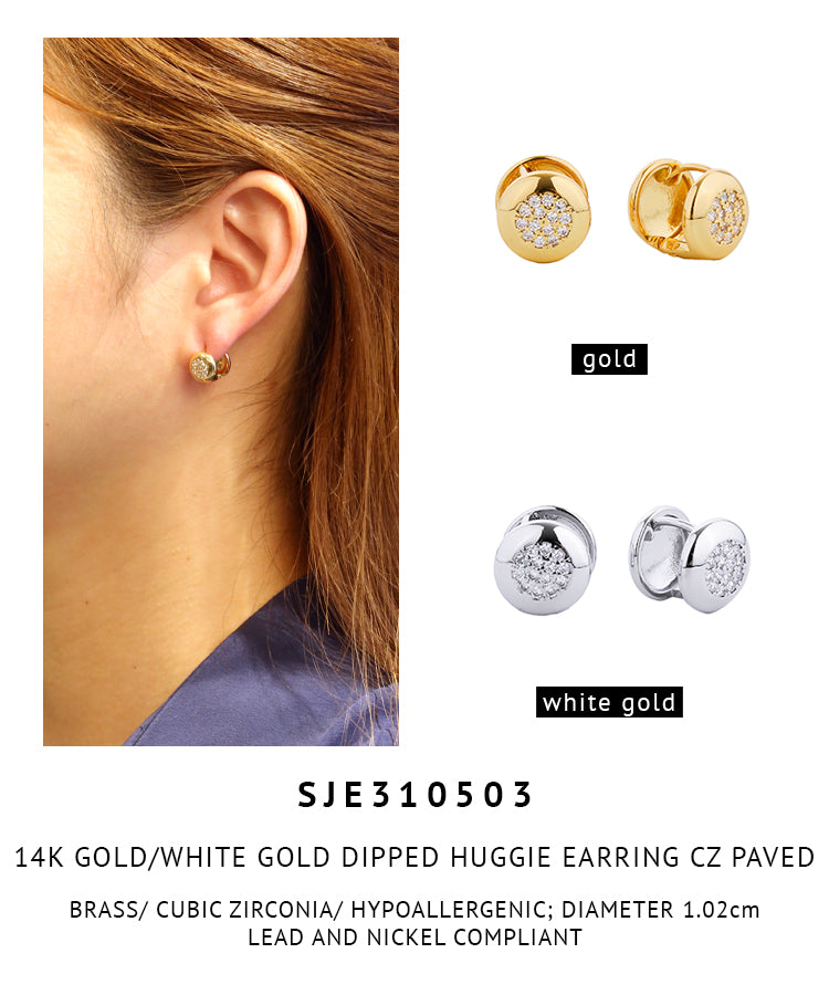 14K Gold Dipped Pave CZ Huggie Round Earrings