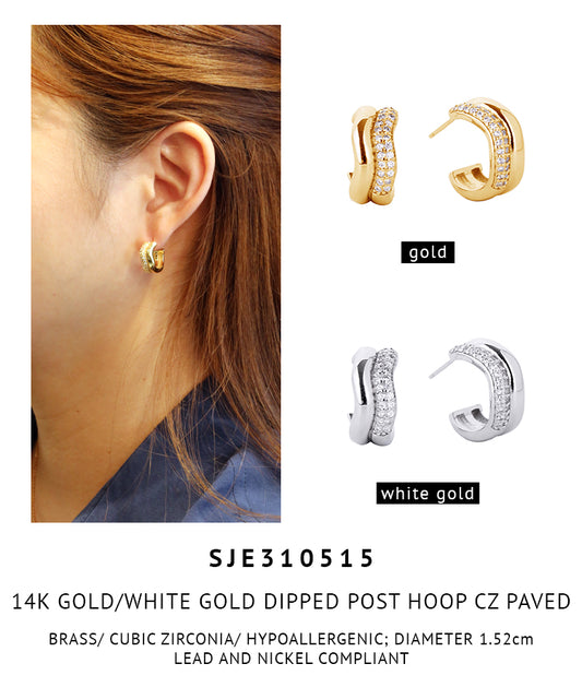 14K Gold Dipped Pave CZ Post Hoop Earrings