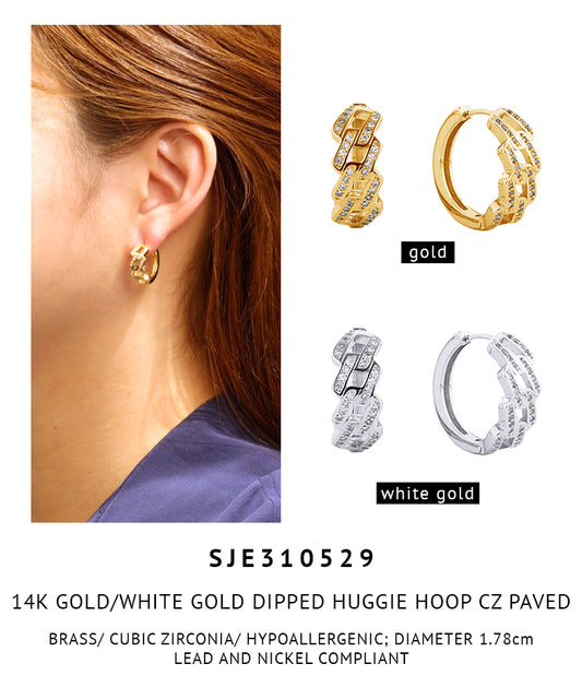 14K Gold Dipped Pave CZ Huggie Hoop Earrings